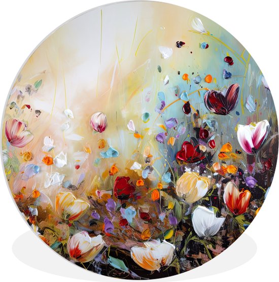 WallCircle® Wandcirkel 60x60 cm - Muurcirkel Olieverf - Bloemen - Kleurrijk - Natuur - Plant - Veld - Muurdecoratie woonkamer - Wanddecoratie slaapkamer - Kamer decoratie accessoires - Ronde schilderijen - Woonaccessoires cirkel binnen