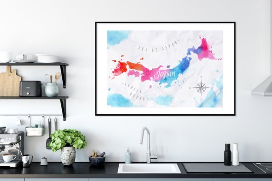 Poster in lijst - Fotolijst 120x80 cm - Posters - Kaart - Kleur - Japan - Posterlijst zwart - Decoratie - Wanddecoratie woonkamer - Muurdecoratie slaapkamer