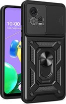 Hoesje met Camera Slider Geschikt voor de Motorola Moto G72 - Back Cover met Standaard - Uitklapbare Kickstand Ring - Beschermhoes TPU - Magneet voor Auto Houder Zwart