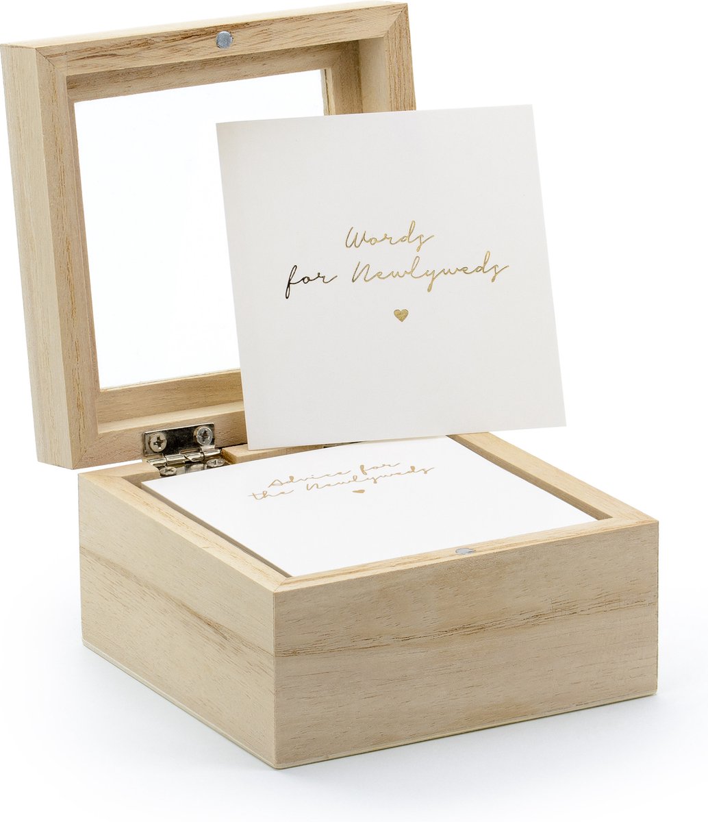 Gastenboek/huwelijksadvies box - Bruiloft - incl. 100 wensbriefjes - hout/wit - 10 x 6 cm - PartyDeco