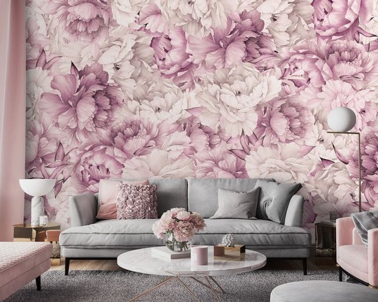 Papier peint photo - Papier Vinyl - Pivoines Roses Vintage - Fleurs - 254 x 184 cm