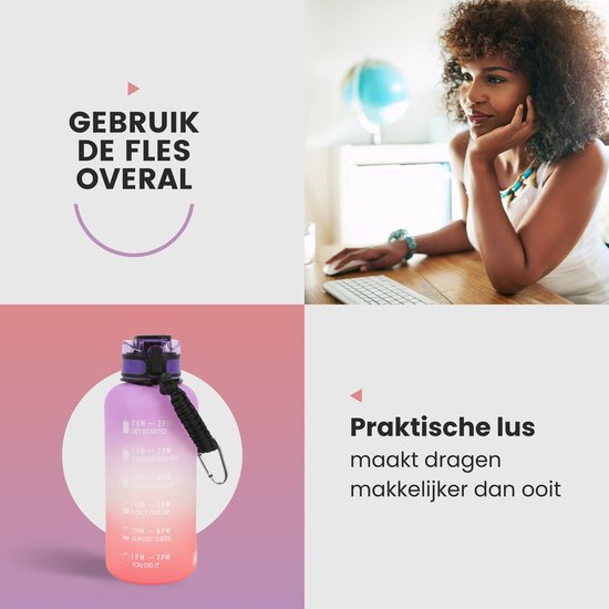 LaCardia Motivatie Waterfles Paars Oranje- 2 liter drinkfles - Waterfles met tijdmarkering - Paars Oranje
