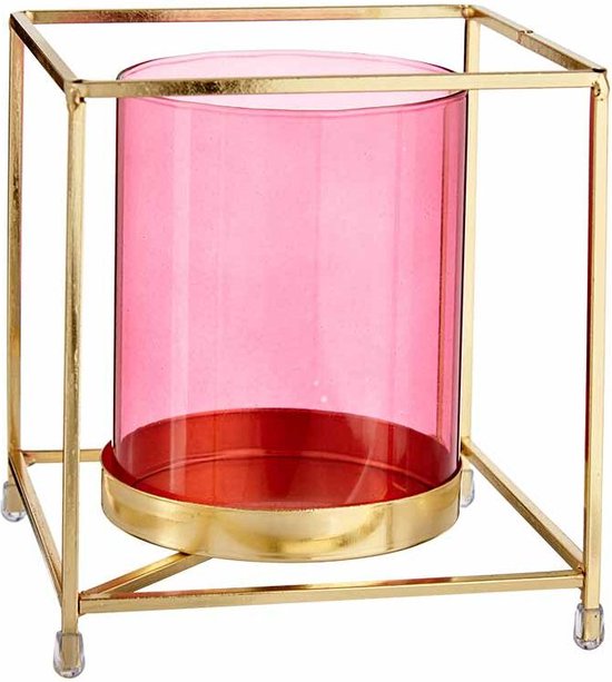 Kaarshouder Vierkant Roze Gouden 14 x 15,5 x 14 cm Metaal Glas
