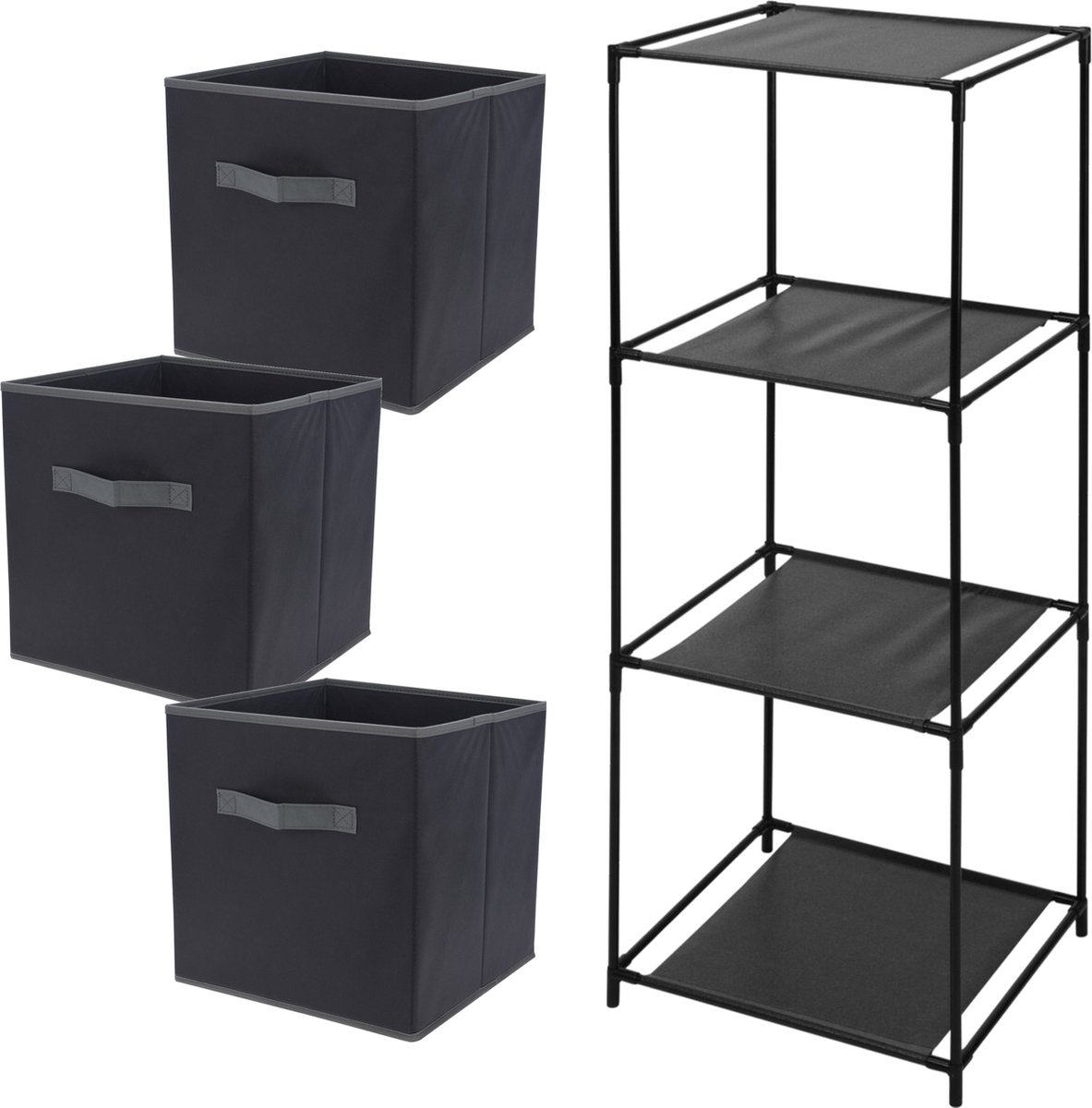 Kastmandjes/opberg manden - zwart - 3x stuks van 29L - Metalen rekje is 34 x 98 cm