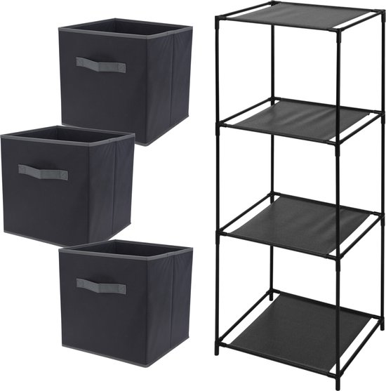 Zeller Kastmandjes/opberg manden - zwart - 3x stuks van 29L - Metalen rekje is 34 x 98 cm