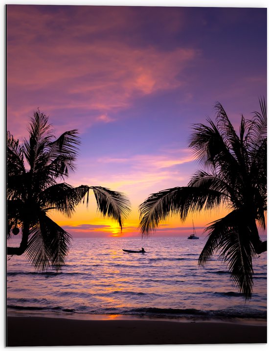 Dibond - Silhouet van Palmbomen Hangend boven het Strand op Zomerse Avond - 60x80 cm Foto op Aluminium (Wanddecoratie van metaal)