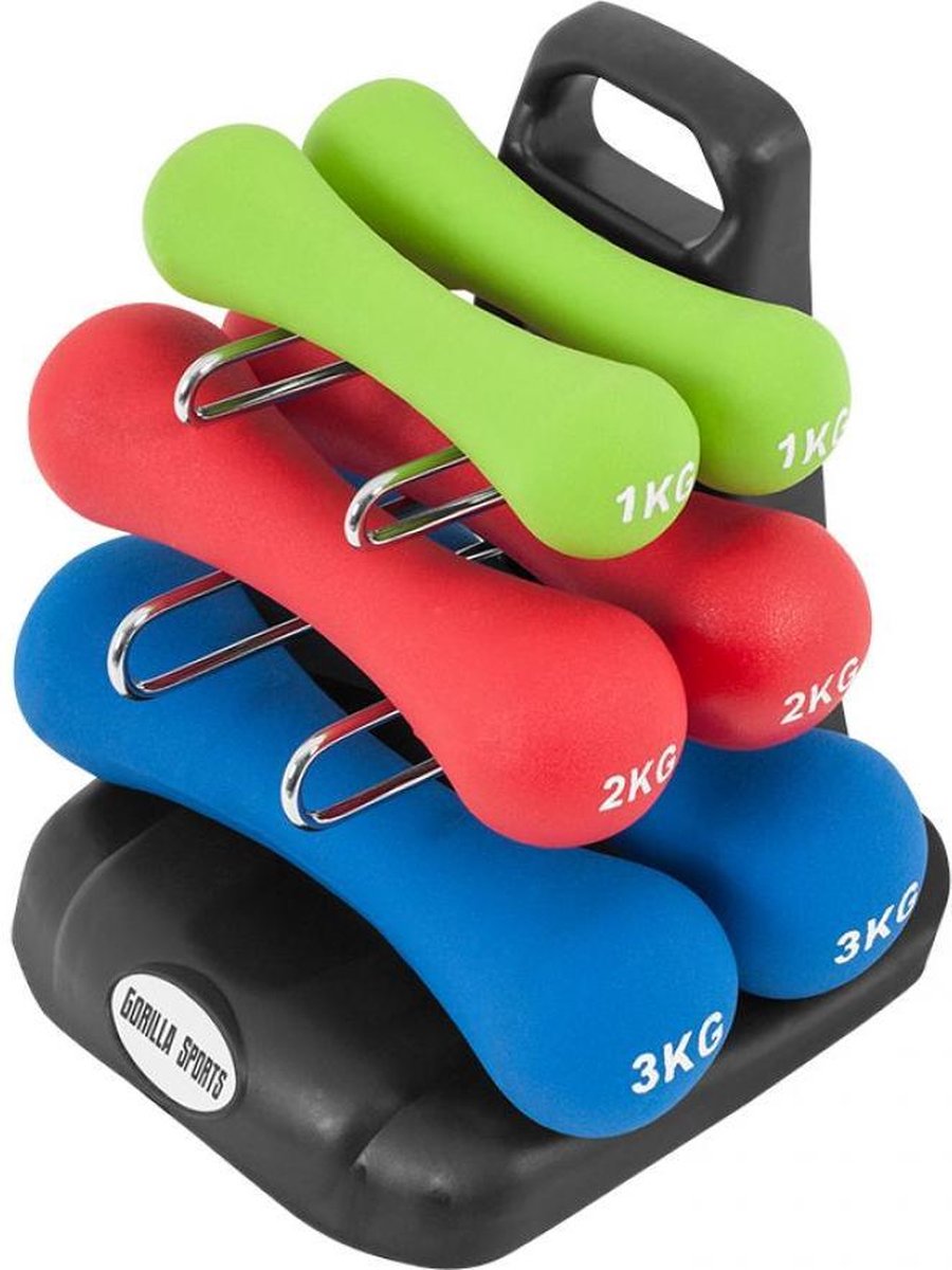 Gorilla Sports Halterset 12kg Ergonomische Neopreen-Inclusief Standaard