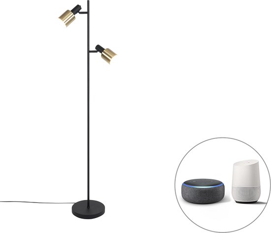 QAZQA stijn - Moderne Dimbare LED Smart Vloerlamp | Staande Lamp incl. wifi met Dimmer - 2 lichts - H 156 cm - Zwart Goud - Woonkamer | Slaapkamer