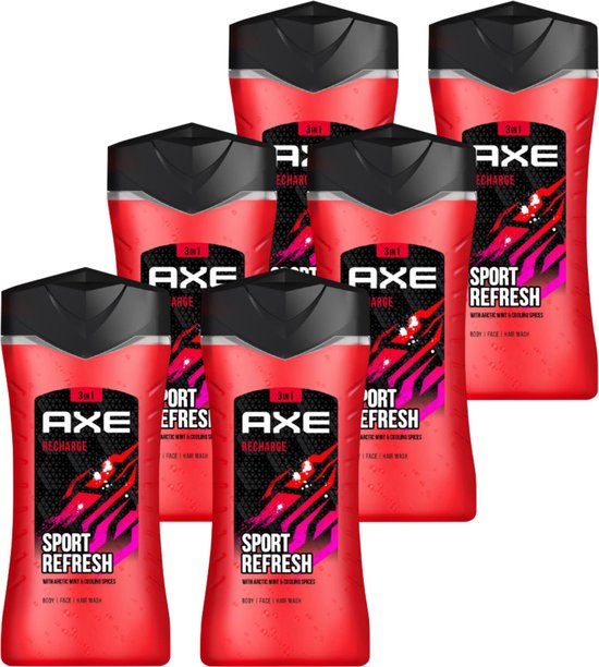 Pack économique de six bouteilles rouges Axe avec bouchons noirs et l'étiquette 'Sport Refresh'.