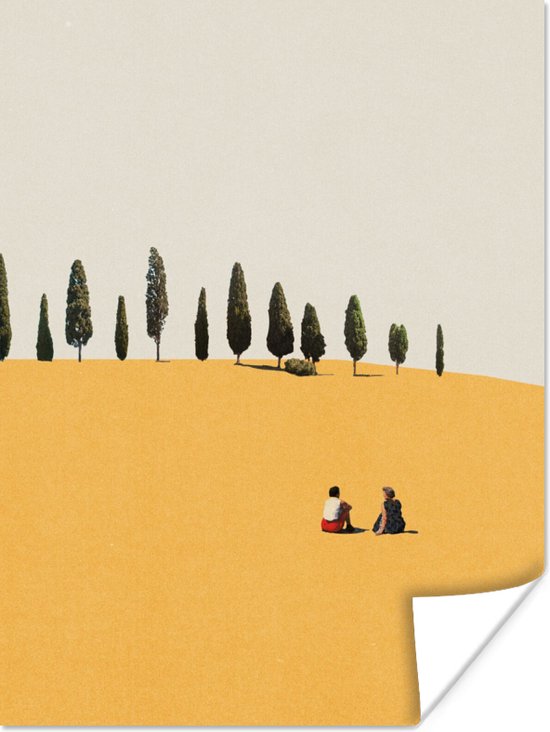 Poster Landschap - Mensen - Geel - Bomen - Retro - 60x80 cm