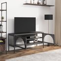 Meuble TV noir avec portes ouvertes, avec TV, dans un salon.