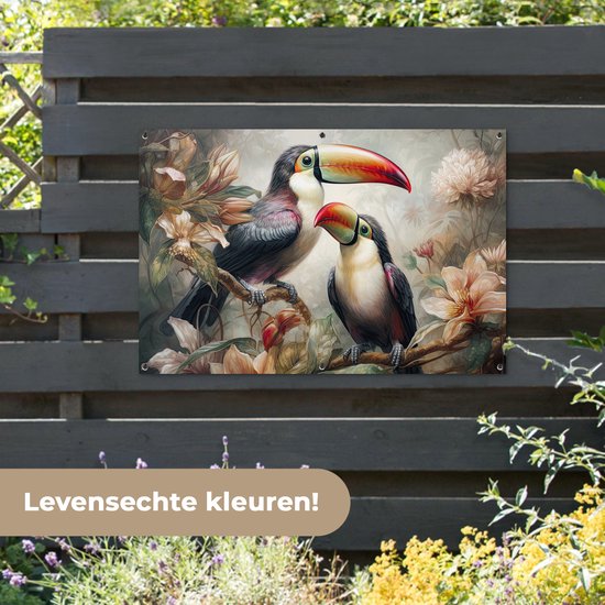 Affiche jardin - Toile jardin - Posters de jardin extérieur - Toucan - Vogels - Fleurs - Jungle - 120x80 cm - Jardin