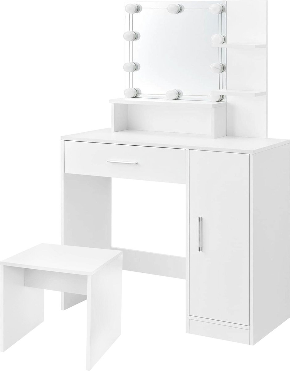 Kaptafel 90x38x137 cm in wit met LED verlichting, spiegel, lade, kast & kruk ML-Design