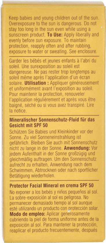 Zijkant van gele verpakking van Clinique mineraal zonnebrandfluïde met productinformatie in het Duits en Spaans.