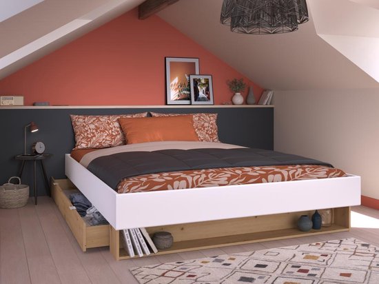 Bed met lade en opbergvak - 160 x 200 cm - Kleuren: Wit en houtlook + Bedbodem - MISTA L 164 cm x H 28 cm x D 206 cm