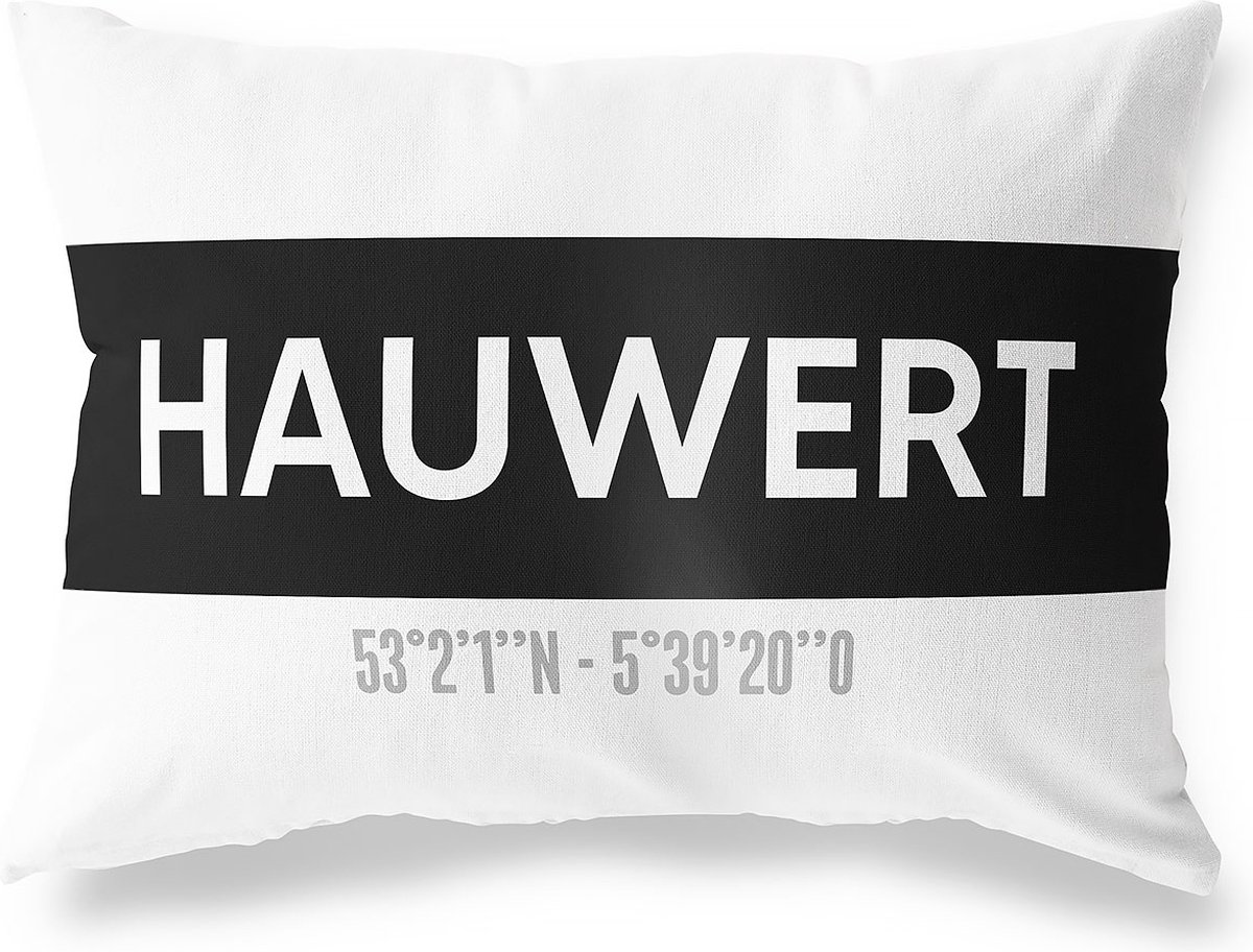 Tuinkussen HAUWERT - NOORD-HOLLAND met coördinaten - Buitenkussen - Bootkussen - Weerbestendig - Jouw Plaats - Studio216 - Modern - Zwart-Wit - 50x30cm