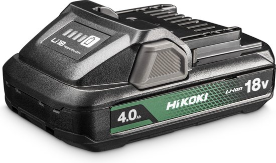 Zwarte HiKOKI 18V Li-ion accu met 4.0Ah capaciteit en batterij-indicator.