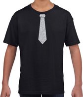 Zwart fun t-shirt met stropdas in glitter zilver kinderen - feest shirt voor kids 110/116