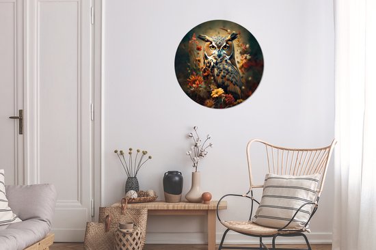 Cercle mural rond avec une image détaillée d'un hibou des marais au milieu de fleurs colorées aux teintes d'automne.