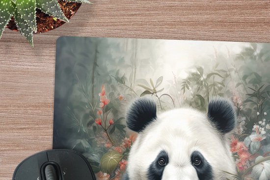 Tapis de souris XXL - Sous-main - Sous-main - Panda - Animaux sauvages - Fleurs - Nature - 50x50 cm - Tapis de souris XXL