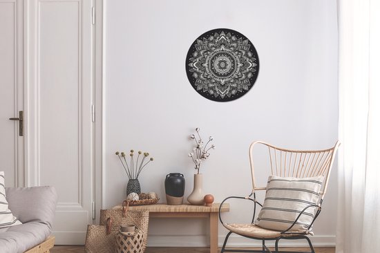 WallCircle - Muurstickers - Behangcirkel - Mandala - Zwart wit - Bloemen - Bohemian - Natuur - ⌀ 30 cm - Muurcirkel - Zelfklevend - Ronde Behangsticker