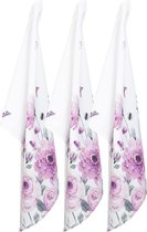 HAES DECO - Set de 3 Essuies de vaisselle - dim. 50x70 cm - coloris Violet / Rose / Wit / Vert - en 100% Katoen - Collection : Roses et Papillons - Torchon, Torchon
