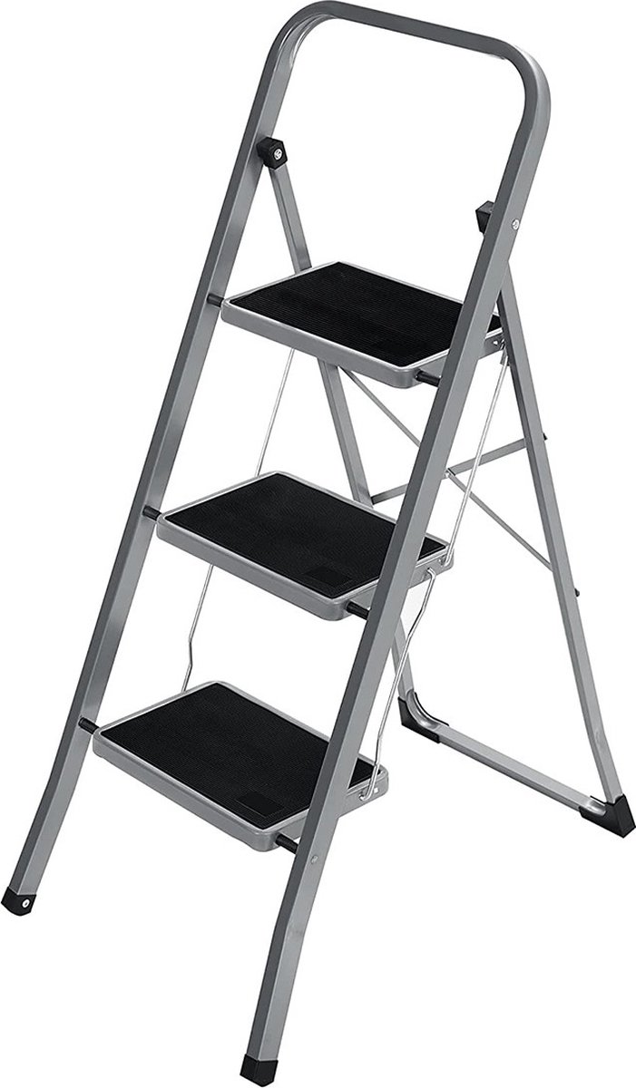 Opklapbare opstap Conor - met 3 treden - opstapkruk - ladder - 20 cm brede treden - met antislip rubberen matten - met draaggreep - belastbaar tot 150 kg - van staal - grijs/zwart