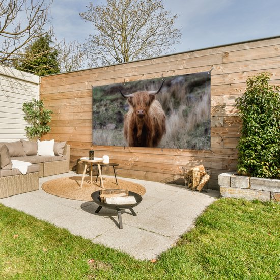 Décoration murale d'extérieur Scottish Highlander - Mousse - Herbe - 160x80 cm - Toile de jardin - Poster extérieur