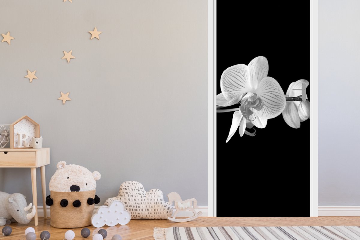 Deurposter 90x215 cm - Deursticker Orchidee - Bloemen - Zwart - Roze - Knoppen - Meubelfol