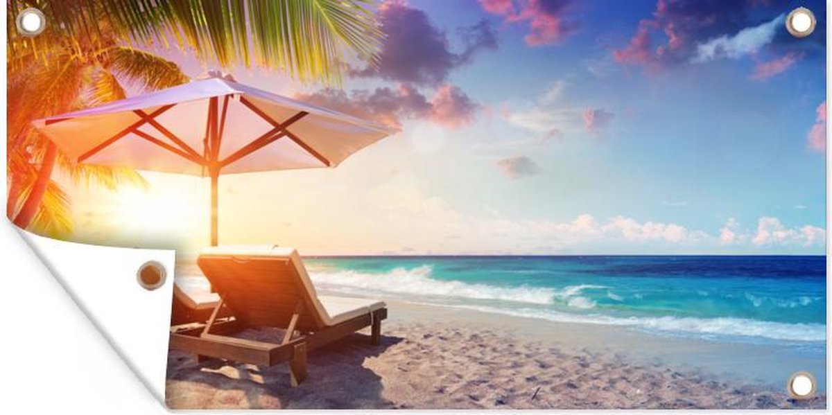 Wanddecoratie buiten Parasol - Stoelen - Strand - 160x80 cm - Tuindoek