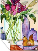 Tuin decoratie Tulpen - Bloemen - Fruit - Aquarel - 30x40 cm - Tuindoek - Buitenposter