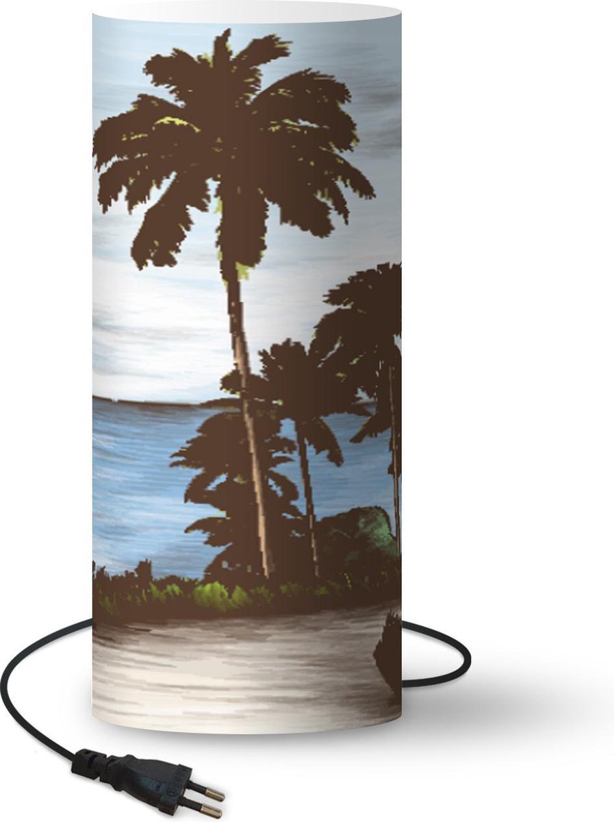 Lamp - Nachtlampje - Tafellamp slaapkamer - Zee - Palmboom - Waterverf - 70 cm hoog - Ø29.6 cm - Inclusief LED lamp