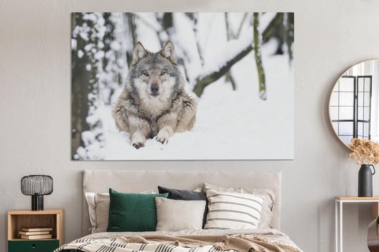 Toile Peinture Loup - Neige - Arbre - 180x120 cm - Décoration murale XXL