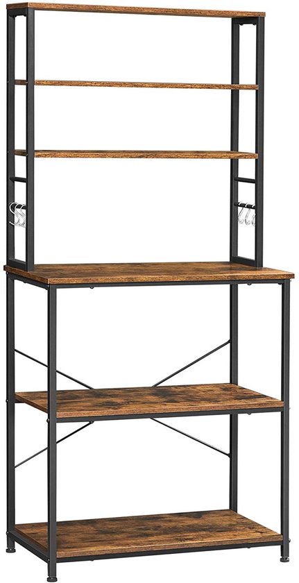 Étagère de cuisine, support debout avec étagères, avec 6 crochets et cadre en métal, design industriel, pour micro-ondes, ustensiles de cuisine, 80 x 40 x 167 cm, vintage marron-noir KKS019B01
