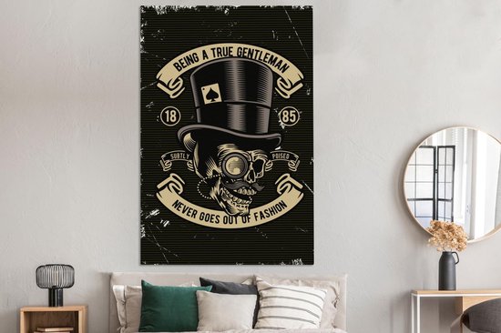 Toile Peinture Crâne - Chapeau - Rétro - Dessin - 120x180 cm - Décoration murale XXL