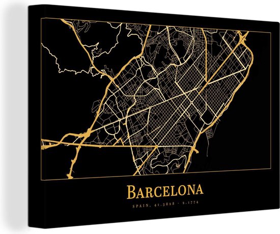 Canvas Schilderij Kaart - Barcelona - Goud - Zwart - 60x40 cm - Wanddecoratie