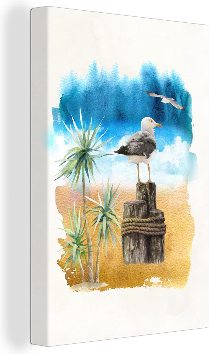 Canvas Schilderij Vogel - Boom - Strand - Waterverf - 40x60 cm - Wanddecoratie