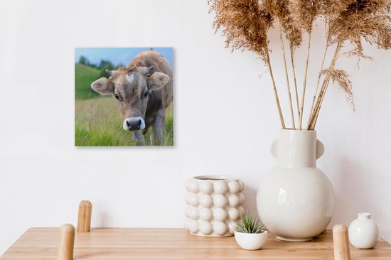 Peintures Vache - Animaux - Marron - Herbe - 20x20 cm - Décoration murale