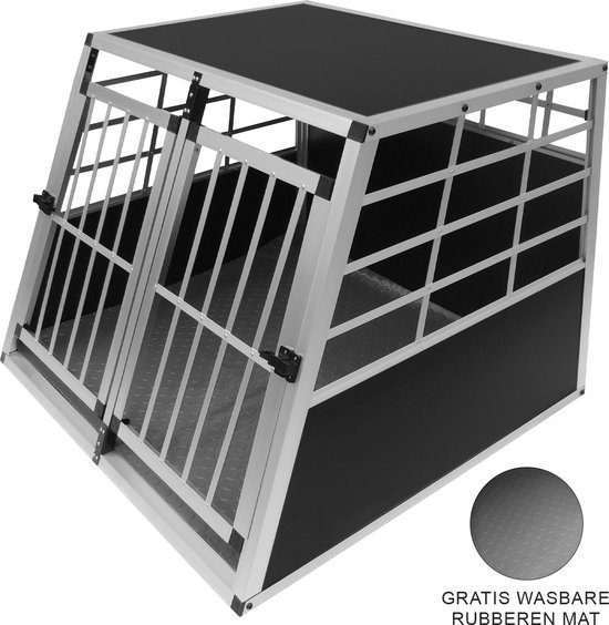 LOVPET® Hondenbench, inklapbaar, hondentransportbox, incl. fleecedeken kom, hondenkooi met 2 deuren, voor auto, dierentransportbox, met bodemschaal, 92,5 x 57,5 x 64 cm, L, zwart