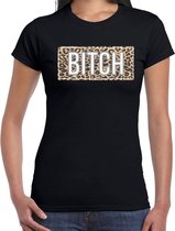Bitch t-shirt met panterprint - zwart - dames - fout fun tekst shirt / outfit / kleding XS