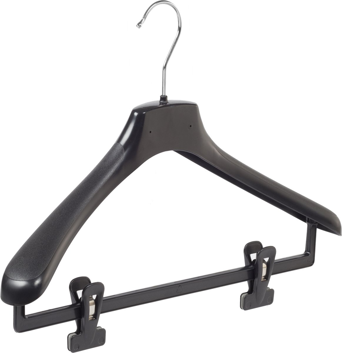 De Kledinghanger Gigant - 10 x Mantelhanger / kostuumhanger kunststof zwart met schouderverbreding en anti-slip knijpers, 40 cm