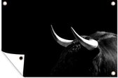 Tuinposter - Tuindoek - Tuinposters buiten - Een foto van een zwarte stier tegen een zwarte achtergrond - zwart wit - 120x80 cm - Tuin
