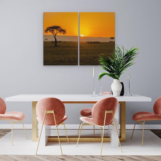 Artaza Peinture sur toile Diptyque Lever de soleil dans la savane avec un arbre - 80 x 60 - Photo sur toile - Impression sur toile