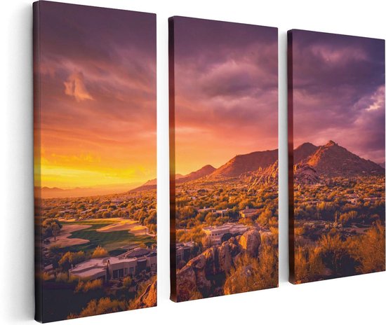 Artaza Canvas Schilderij Drieluik Woestijn Landschap Met Zonsondergang  - 120x80 - Foto Op Canvas - Canvas Print