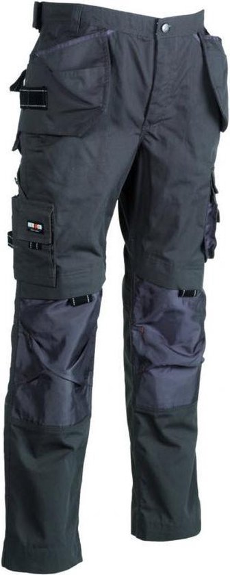 Grijze werkbroek met donkergrijze panelen op de knieën, meerdere zakken.