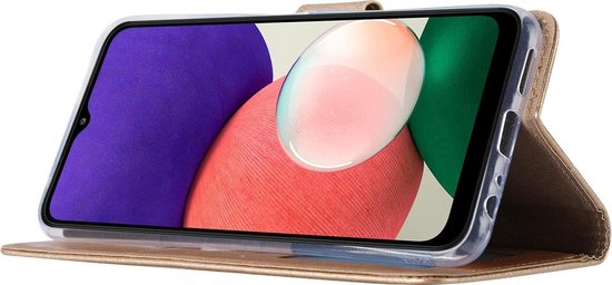 Goudkleurig telefoonhoesje in boekstijl, staand te gebruiken voor Samsung Galaxy A22.