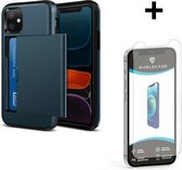 ShieldCase Kaarthouder case met slide geschikt voor Apple iPhone 12 / 12 Pro - 6.1 inch - blauw + glazen Screen Protector