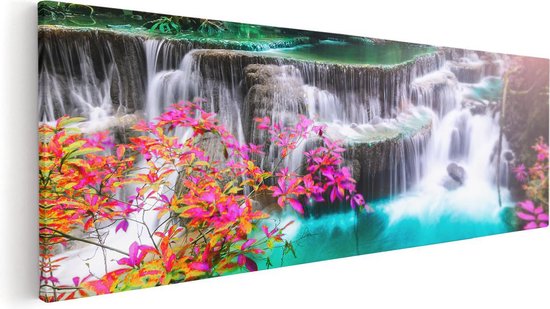 Artaza Canvas Schilderij Waterval In De Herfst Met Kleurrijke Bloemen - 120x40 - Groot - Foto Op Canvas - Canvas Print