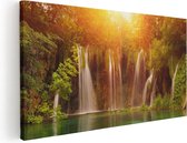 Artaza Canvas Schilderij Watervallen Bij Het Groene Meer Met Zon - 120x60 - Groot - Foto Op Canvas - Canvas Print