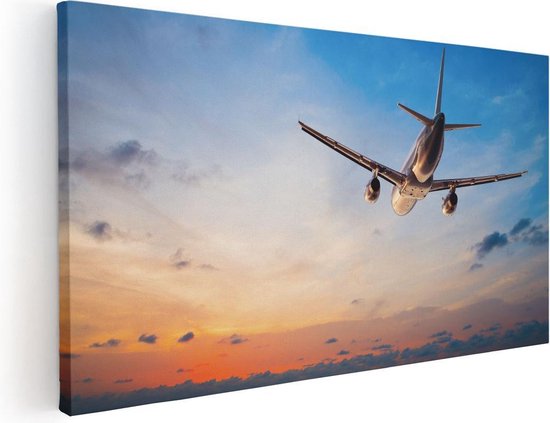 Artaza Canvas Schilderij Vliegtuig Boven De Zee Bij Zonsondergang - 100x50 - Groot - Foto Op Canvas - Canvas Print